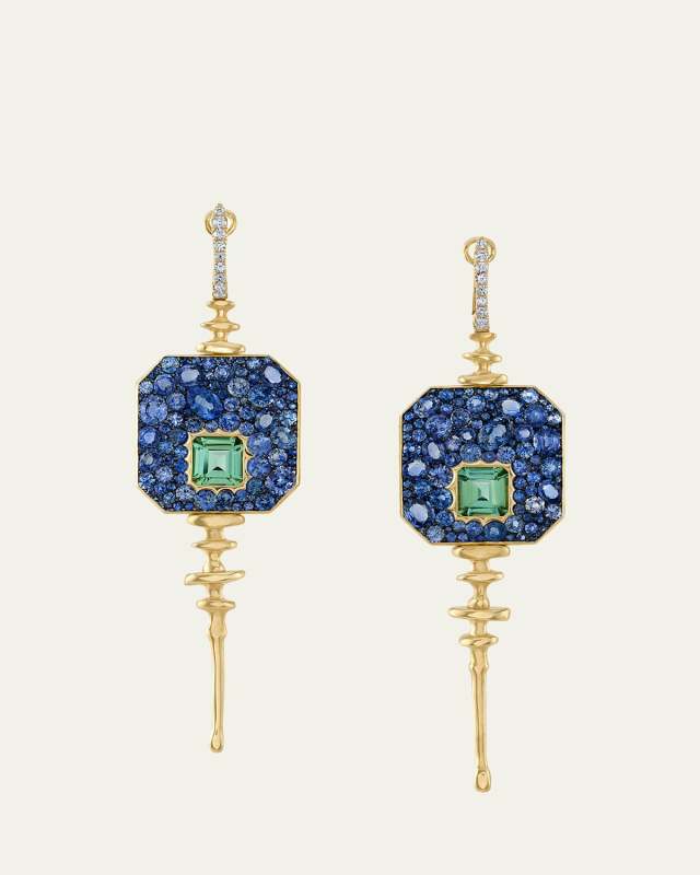 One-Of-A-Kind 18K Gold Octagonal Chrona Disco Earrings with Sapphire, Tourmaline, and Diamonds